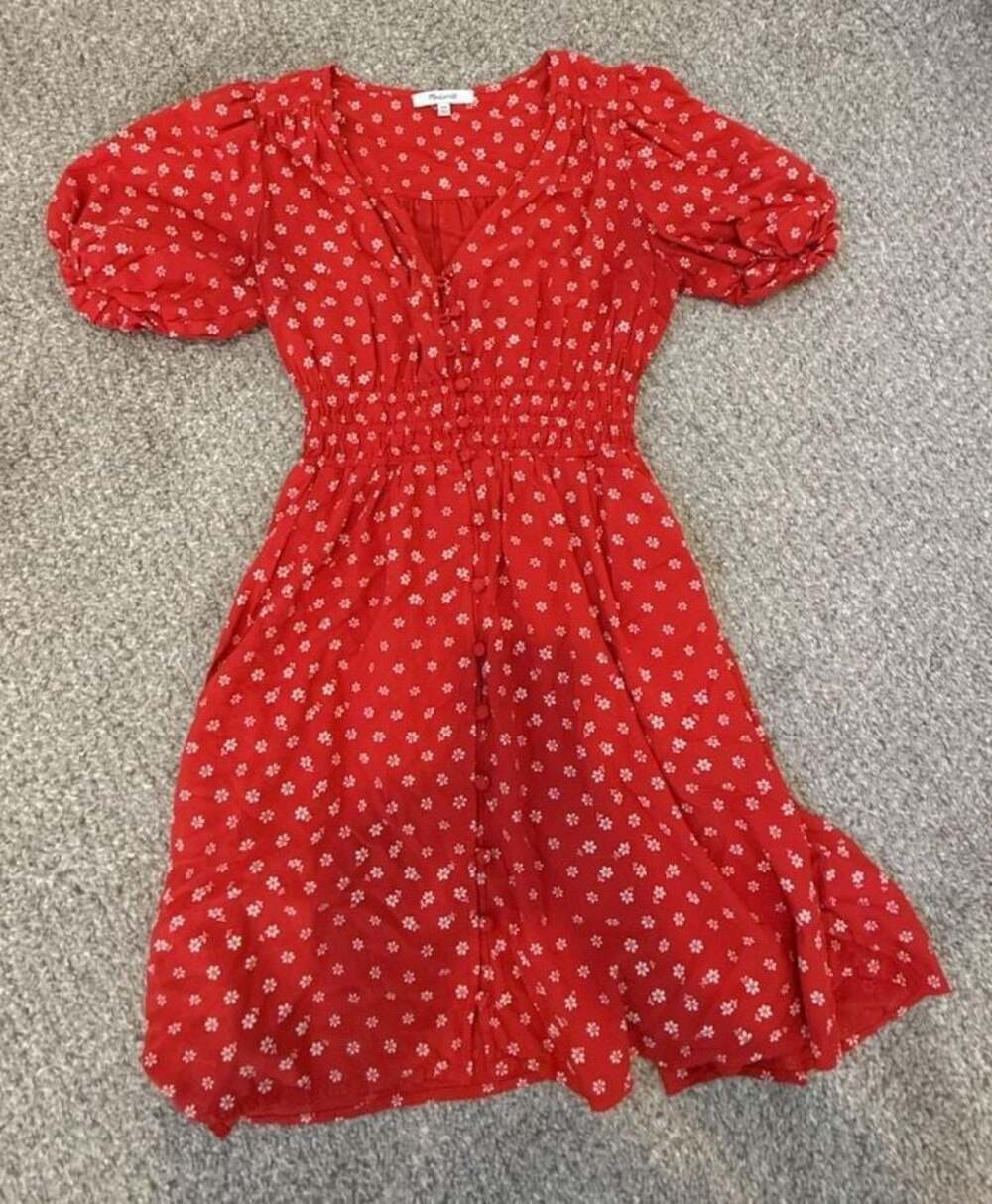 Madewell Red Floral Puff Sleeve Smocked Mini Dress XXS